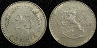 Finland Copper-Nickel 1929 25 Penniä Mint-200,000 KEY DATE KM# 25 (24 149)