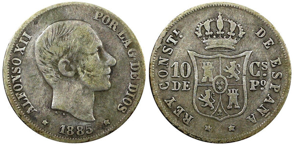 Philippines 	Alfonso XII Silver 1885 10 Centimos Manila Last Year KM# 148 (409)