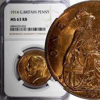 GREAT BRITAIN George V Bronze 1914 1 Penny NGC MS63 RB  KM# 810 (032)