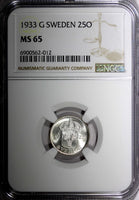 Sweden Gustaf V Silver 1933 G 25 Öre BETTER DATE NGC MS65 BU COIN KM# 785 (12)