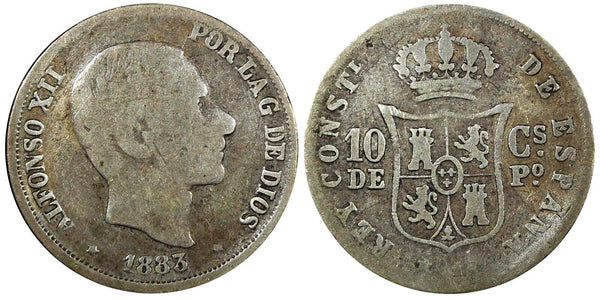 Philippines 	Alfonso XII Silver 1883/2 10 Centimos SCARCE OVERDATE KM# 148 (411)