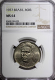 BRAZIL Oswaldo Cruz Copper-Nickel 1937 400 Reis NGC MS64 KM# 539 (029)