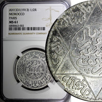 Morocco Yusuf Silver AH1331 (1913) 1/2 Rial NGC MS61 PARIS BETTER DATE Y# 32 (2)