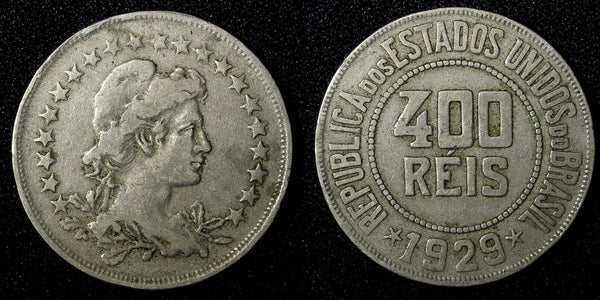 BRAZIL Copper-Nickel 1929 400 Reis Liberty 30.2mm KM# 520 (27 794)