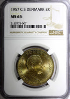 DENMARK Frederik IX Aluminum-Bronze 1957 C S 2 Kroner NGC MS65 Rainbow KM# 838.2