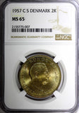 DENMARK Frederik IX Aluminum-Bronze 1957 C S 2 Kroner NGC MS65 Rainbow KM# 838.2