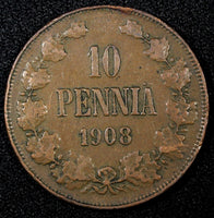 Finland Nicholas II Copper  1908 10 Penniä  Mintage-320,000 KM# 14 (27 150)