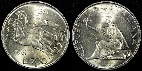 ITALY Silver 1961 R  500 Lire Italian Unification Centennial UNC KM# 99 (25 148)