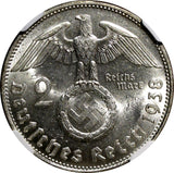 Germany - Third Reich Silver 1938 B 2 Reichs Mark NGC MS63 Hindenburg KM# 93 (7)