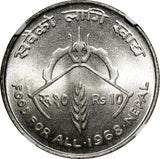 NEPAL SHAH DYNASTY Silver VS2025(1968) 10 Rupee NGC MS66 FAO BU KM# 794 (028)