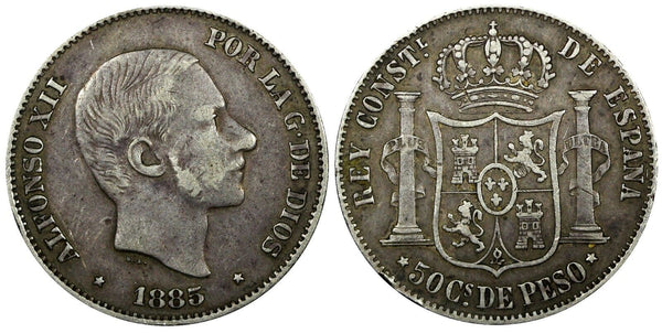 Philippines 	Alfonso XII Silver 1885 50 Centimos Manila 30mm Toned KM# 150 (403)