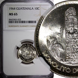 GUATEMALA Silver 1964 10 Centavos NGC MS65 GEM BU LUSTER KEY DATE KM# 262 (023)