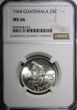 GUATEMALA Silver 1964 25 Centavos NGC MS66 GEM BU LAST YEAR KM# 263 (12)