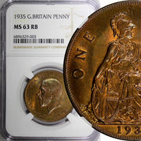 GREAT BRITAIN George V Bronze 1935 1 Penny NGC MS63 RB NICE TONING KM# 838 (03)