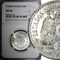 Mexico ESTADOS UNIDOS Silver 1944 M 50 Centavos NGC MS66 GEM BU KM# 447 (041)