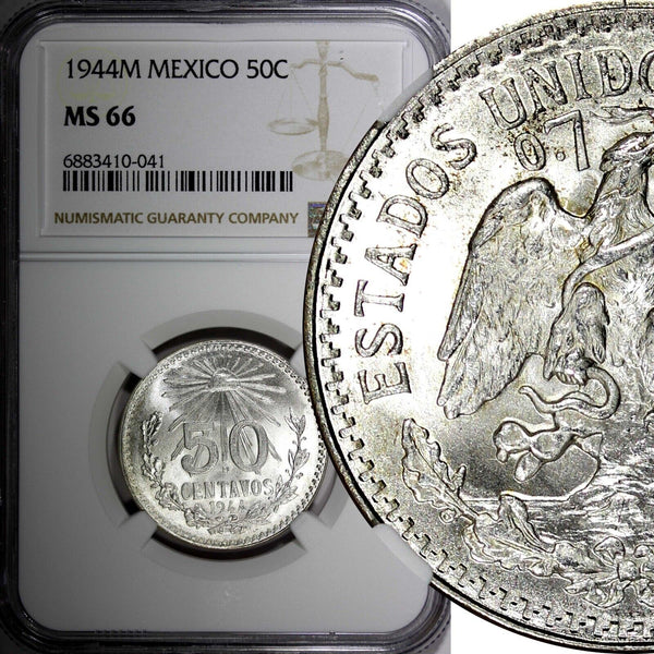 Mexico ESTADOS UNIDOS Silver 1944 M 50 Centavos NGC MS66 GEM BU KM# 447 (041)