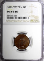 SWEDEN Oscar II Bronze 1896 2 Öre Large letters NGC MS64 BN KM# 746 (021)