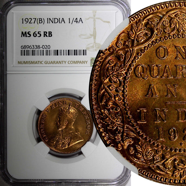 India-British George V Bronze 1927 (B) 1/4 Anna NGC MS65 RB NICE RED KM# 512 (0)