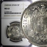 SPAIN Francisco Franco Nickel 1949 (50) 5 Pesetas NGC MS62 KM# 778 (047)