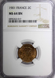 FRANCE Bronze 1901 2 Centimes NGC MS64 BN 1 GRADED HIGHEST KM# 841  (017)