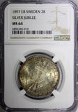 SWEDEN Silver Jubilee Oscar II 1897 EB 2 Kronor NGC MS64 KM# 762 (10)