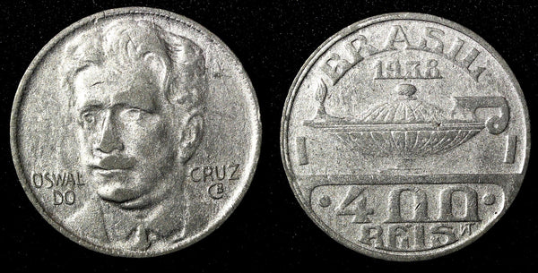 Brazil Oswaldo Cruz Copper-Nickel 1938 400 Reis KM# 539 (27 775)