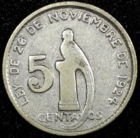 Guatemala Silver 1947 5 Centavos Guatemala City Mint KM# 238.1  (24 444)