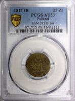 POLAND 1817 IB Ducat 25 Zlotych Warsaw  PCGS AU53 TOP GRADED RARE Bit-1273 (R4)