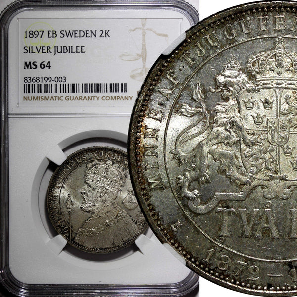 SWEDEN Silver Jubilee Oscar II 1897 EB 2 Kronor NGC MS64 Nice Toned KM# 762 (03)
