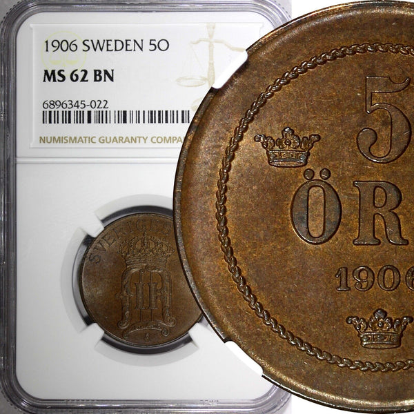 SWEDEN Oscar II Bronze 1906 EB 5 Ore Mintage-565 280 NGC MS62 BN KM# 770 (022)