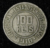 BRAZIL Copper-Nickel 1918 100 Reis Rio de Janeiro Mint BETTER DATE KM# 518 (599)