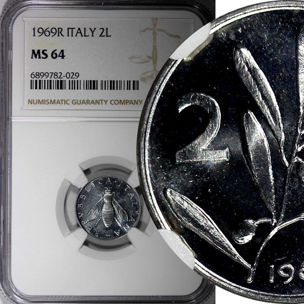 ITALY Aluminum 1969 R 2 Lire Mintage-310.000 NGC MS64 TOP GRADED KM# 94 (029)