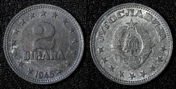Yugoslavia Zinc 1945 2 Dinara 1 Year Type WWII Issue High Grade KM# 27 (28 119)