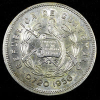 GUATEMALA Silver 1956 25 Centavos Mintage-342,271 aUNC-UNC Toned KM#258 (26 975)