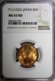 JAPAN Taishō Bronze T1 (1922) 1 Sen NGC MS65 RD NICE RED Y# 42 (049)