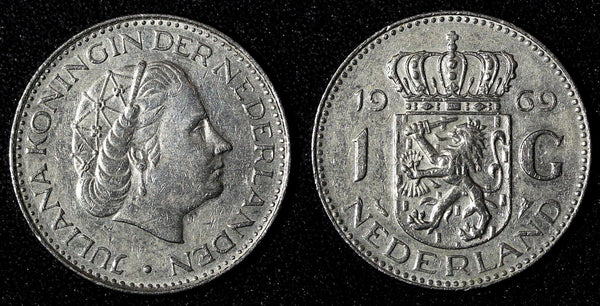 Netherlands Juliana Nickel  1969 Fish 1 Gulden 25 mm Royal Dutch KM# 184a  (941)