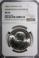 SWEDEN Silver 1966 U 5 Kronor NGC MS64 Constitution Reform 1 YEAR KM# 839 (046)
