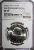 SWEDEN Silver 1966 U 5 Kronor NGC MS64 Constitution Reform 1 YEAR KM# 839 (046)