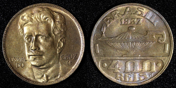 Brazil Oswaldo Cruz Copper-Nickel 1937 400 Reis High Grade Nice KM# 539 (28 058)