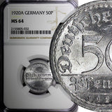 Germany  Weimar 1920 A 50 Pfennig NGC MS64 GEM BU Berlin Mint KM# 27 (032)