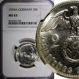 GERMANY-Third Reich Silver 1939 A 2 Reichs Mark NGC MS63 Hindenburg KM# 93 (20)