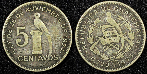 GUATEMALA Silver 1933 5 Centavos Royal British Mint-600,000  KM# 238.2 (22 876)