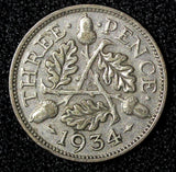 Great Britain George V Silver 1934 3 Pence KM# 831 (28 394)