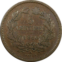 Luxembourg William III Bronze 1860 A 5 Centimes Paris Mint KM# 22.2 (24 505)