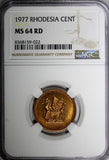Rhodesia Bronze 1977 1 Cent NGC MS64 RD NICE FULL RED TONING KM# 10 (022)
