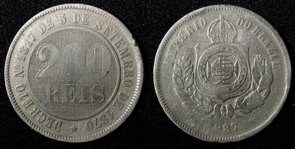 BRAZIL Pedro II Copper-Nickel 1887 200 Reis 32 mm Mint-857,000  KM# 484 (27 797)