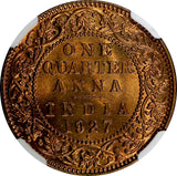 India-British George V Bronze 1927 (B) 1/4 Anna NGC MS65 RB NICE RED KM# 512 (0)