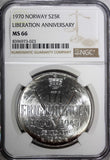 Norway Olav V Silver 1970 25 Kroner NGC MS66 Anniversary of Liberation KM#414(3)
