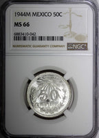 Mexico ESTADOS UNIDOS Silver 1944 M 50 Centavos NGC MS66 GEM BU KM# 447 (042)