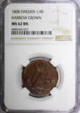 SWEDEN Copper King Gustav IV Adolf 1808 1/4 Skilling NGC MS62 TOP GRADED KM# 564